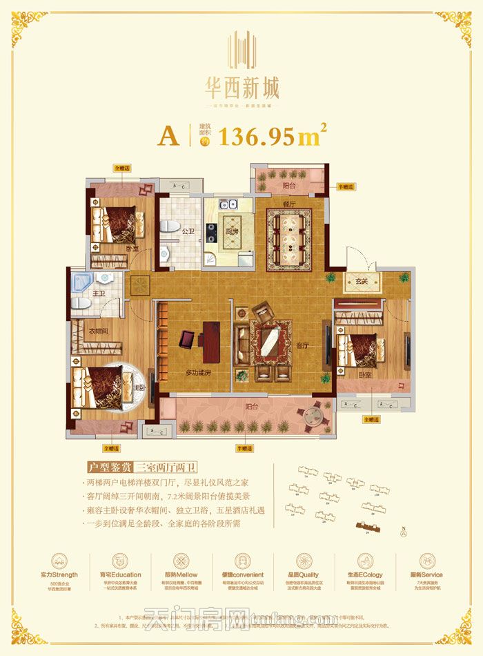 华西新城A户型136.95㎡户型图