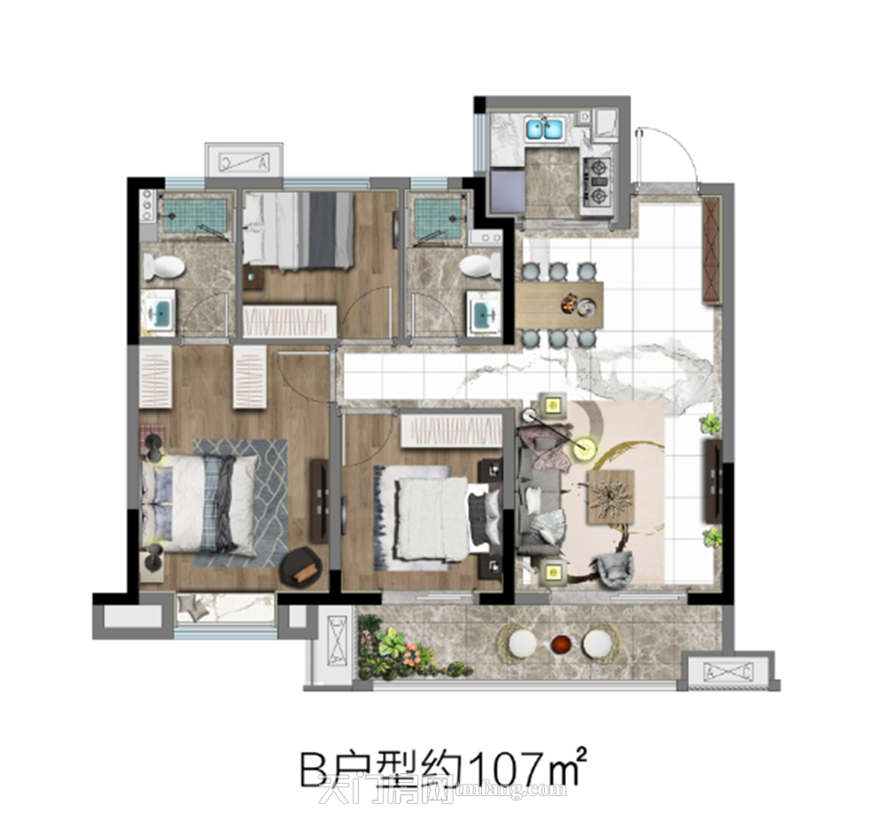 中梁·首府壹号B户型107㎡
