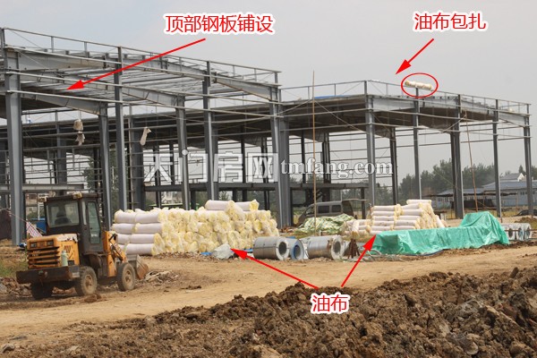 承天国际车城9月工程进度 顶部钢板铺设和油布包扎