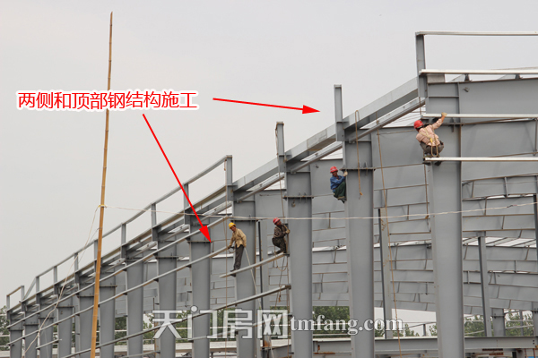 承天国际车城9月工程进度 两侧和顶部钢结构施工