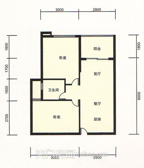 天门新城学府雍景湾G户型 2室2厅1卫 建筑面积:66.5