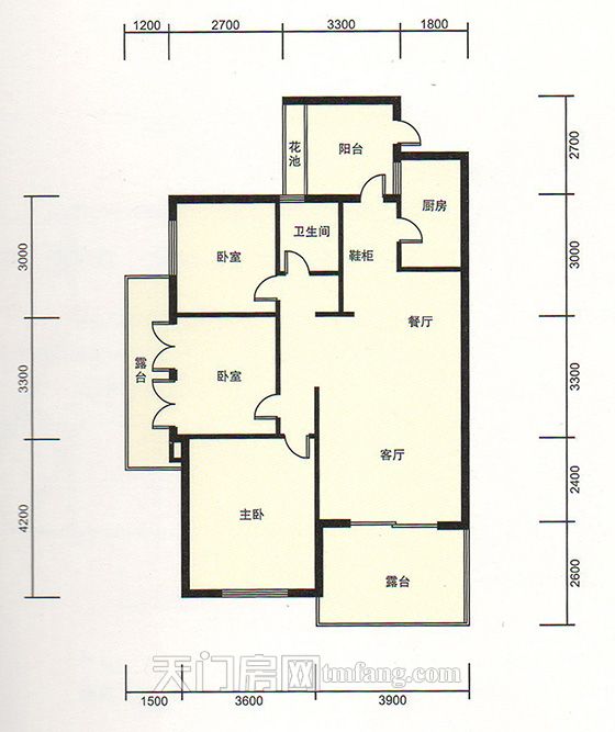 天门新城学府雍景湾C1户型 3室2厅1卫 建筑面积:102