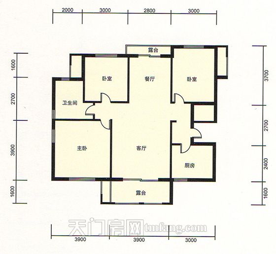 天门新城学府雍景湾B2户型 3室2厅1卫 建筑面积:109