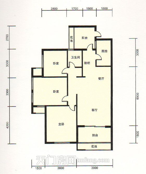 天门新城学府雍景湾C户型 3室2厅1卫 建筑面积:110.