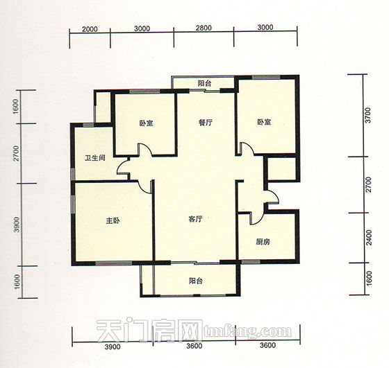 天门新城学府雍景湾B1户型 3室2厅1卫 建筑面积:113