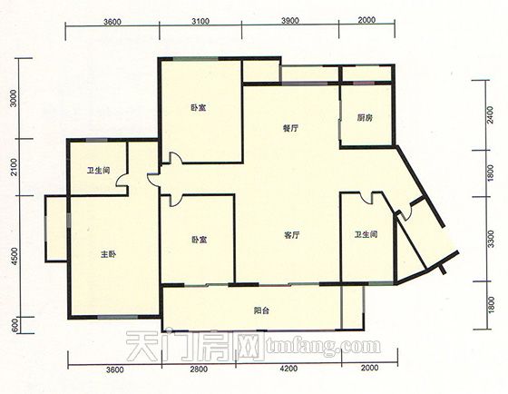 天门新城学府雍景湾F户型 3室2厅2卫 建筑面积:129.