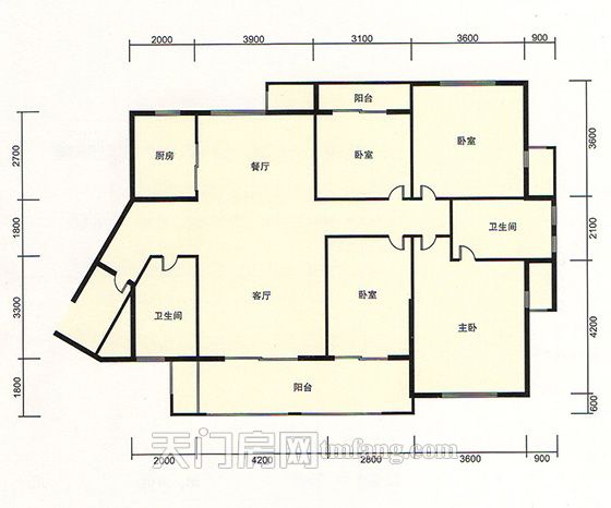 天门新城学府雍景湾E1户型 4室2厅2卫 建筑面积:145