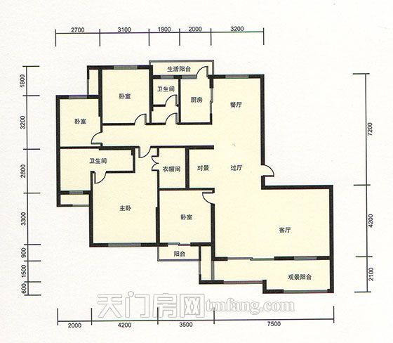 天门新城学府雍景湾A1-1户型 4室2厅2卫 建筑面积:2