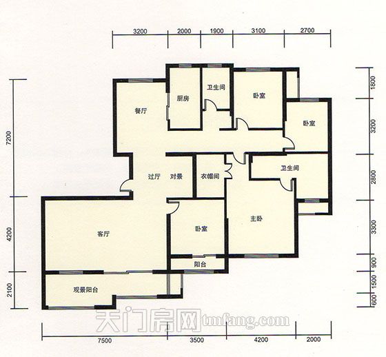 天门新城学府雍景湾A2户型 4室2厅2卫 建筑面积:203