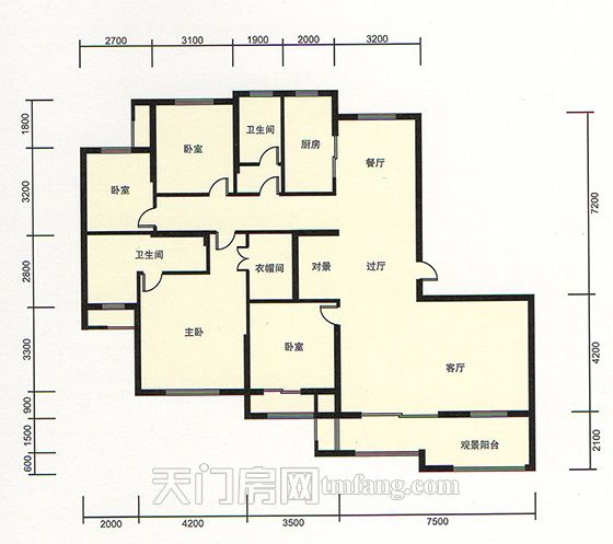 天门新城学府雍景湾A1户型 4室2厅2卫 建筑面积:207