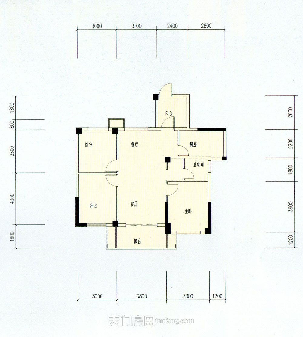 天门新城秀水江景湾B户型 3室2厅1卫 建筑面积:108.
