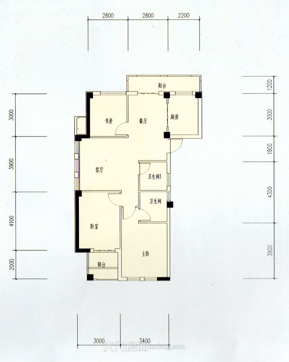 天门新城秀水江景湾A户型 3室2厅2卫 建筑面积:111.